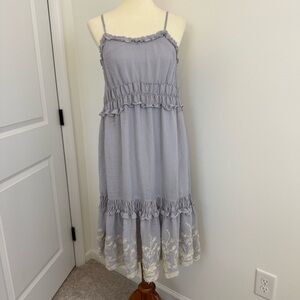 Moon River Blue Embroidered Knit Trim Dress Size Small Boho Ruffles Cottagecore